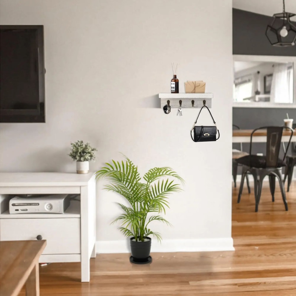 Farmhouse Rustic Wood Key Holder Wall Shelf With Hooks 6