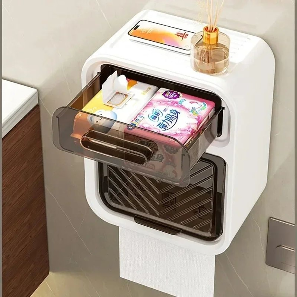 Wall Mounted Toilet Tissue Holder With Storage Rack 9
