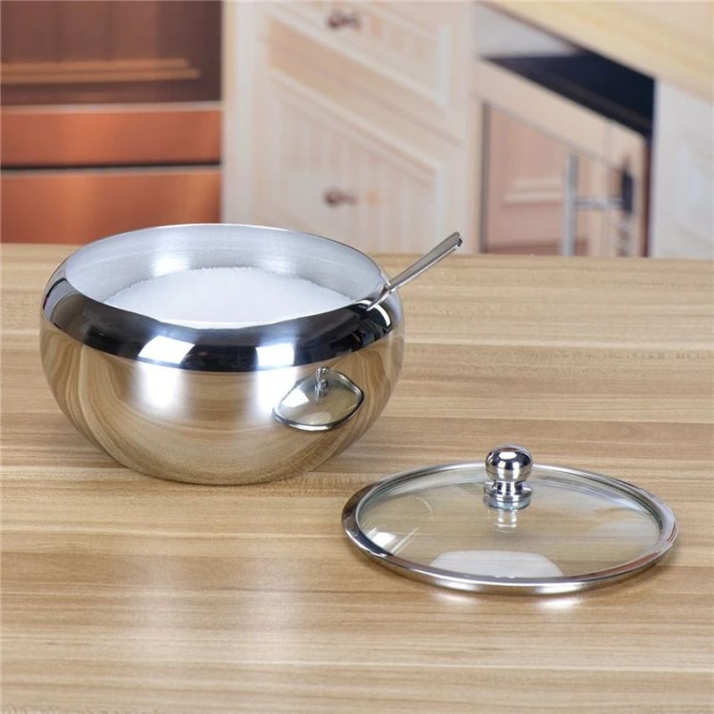 Large Stainless Steel Sugar Bowl With Lid And Spoon 10