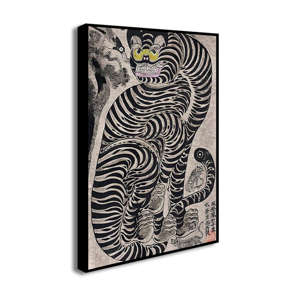 Japanese Tiger Cat Music Canvas Wall Art Vintage Record Player Poster 3