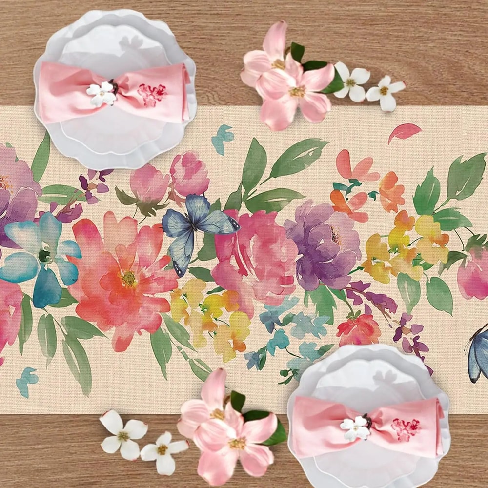 Watercolor Floral Butterfly Linen Table Runner Decor 1