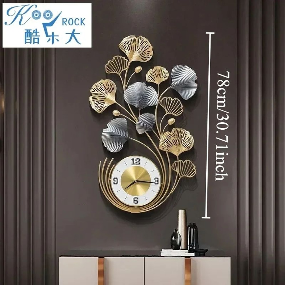 Large Ginkgo Leaf Metal Wall Clock Decor 0