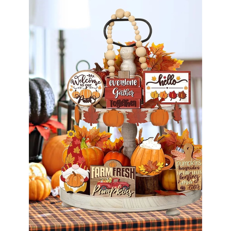 Fall Harvest Tiered Tray Decor Farmhouse Pumpkin Set 1