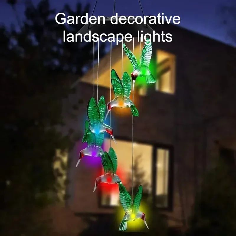 Solar LED Hummingbird Wind Chimes Color Changing Garden Decor 2