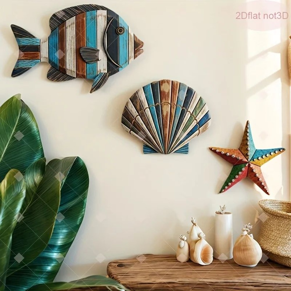 Colorful Ocean Wooden Decor Set Fish Shell Starfish 1