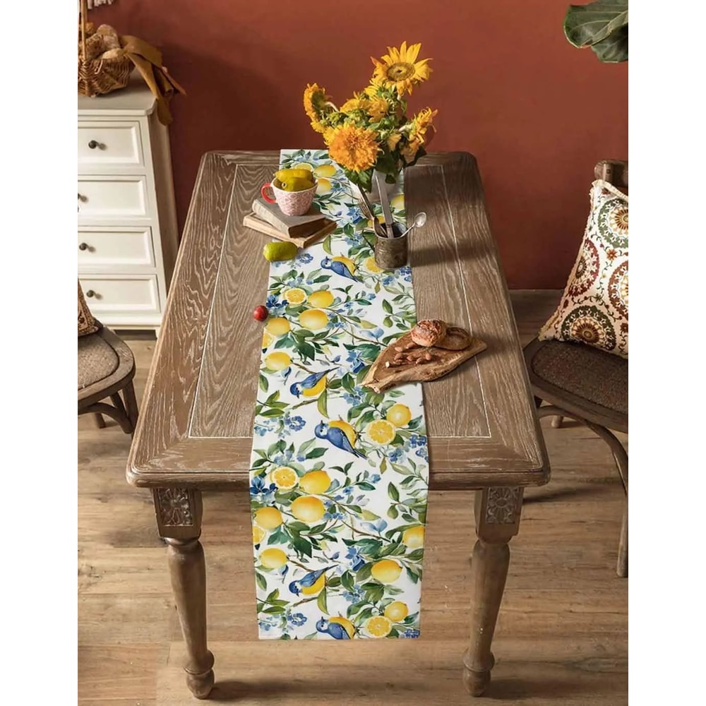 Lemon Bird Linen Table Runner Vintage Floral Decor 3
