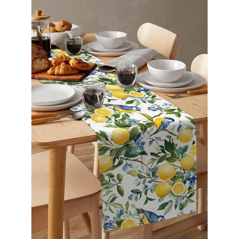 Lemon Bird Linen Table Runner Vintage Floral Decor 4