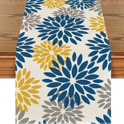 blue dahlia floral linen table runner decor