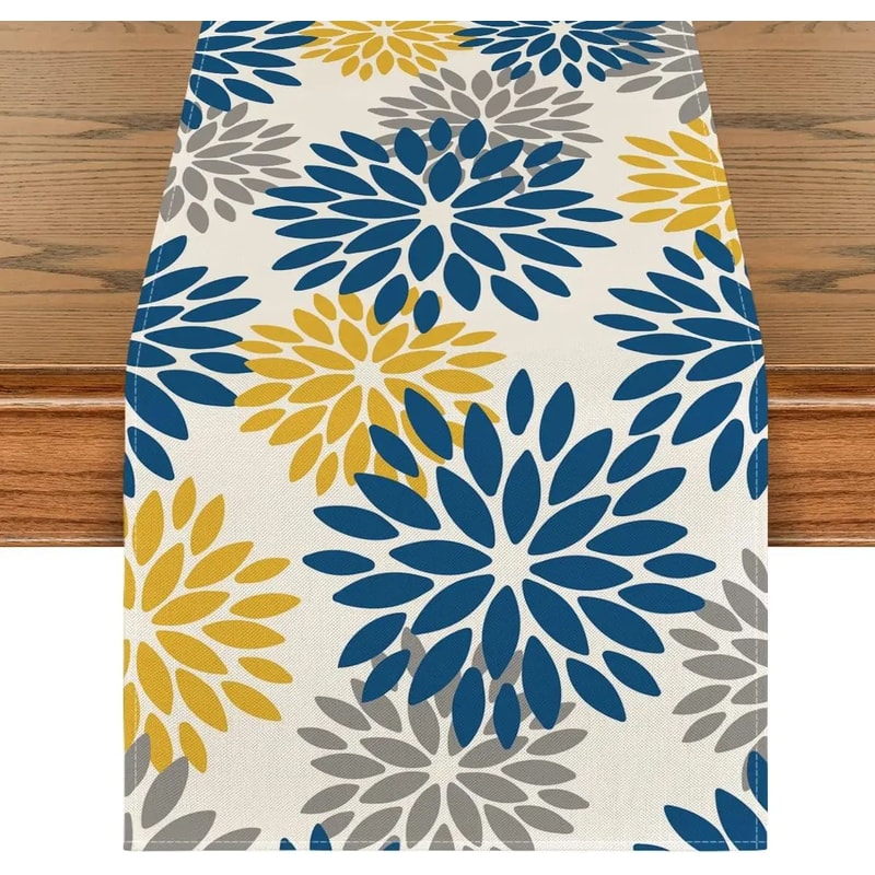 Blue Dahlia Floral Linen Table Runner Decor 5