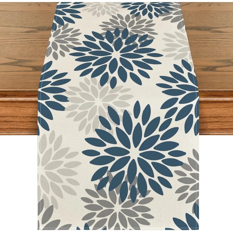 Blue Dahlia Floral Linen Table Runner Decor 11