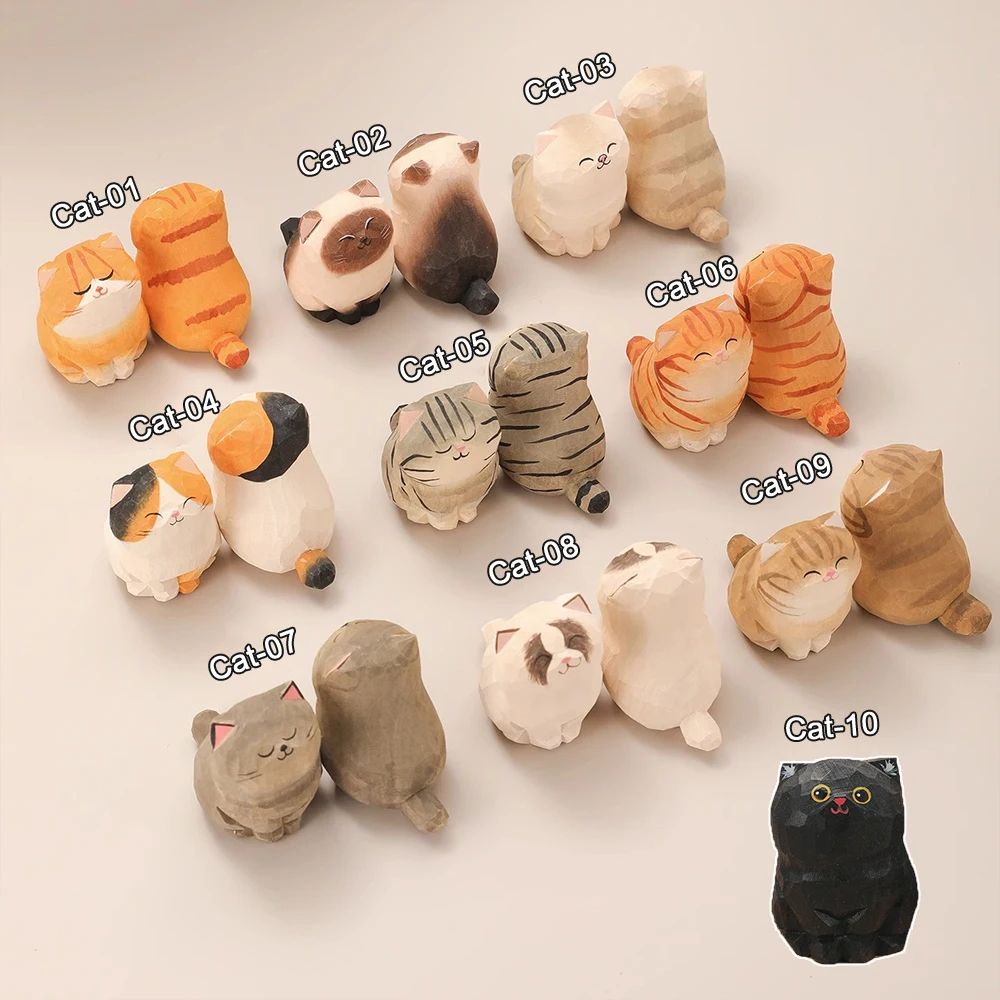 Handcrafted Wooden Cat Figurine Desk Decor 2