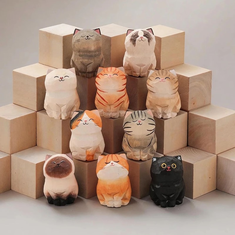 Handcrafted Wooden Cat Figurine Desk Decor 4