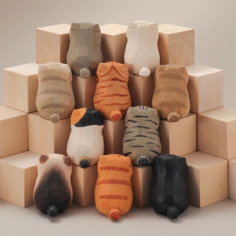 Handcrafted Wooden Cat Figurine Desk Decor 5