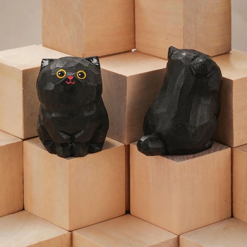 Handcrafted Wooden Cat Figurine Desk Decor 15