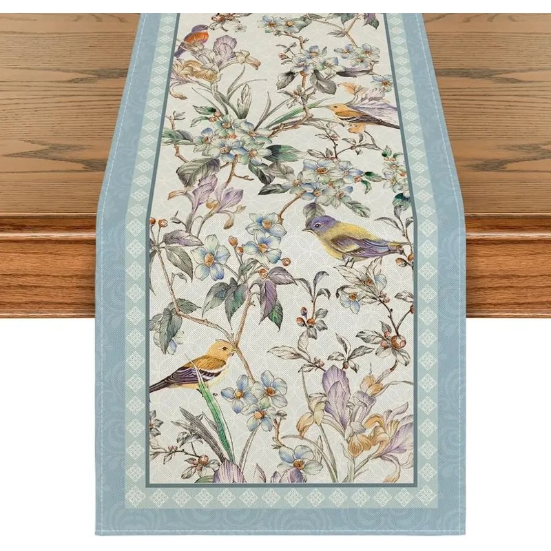 Blue Birds Floral Linen Table Runner Decor 0