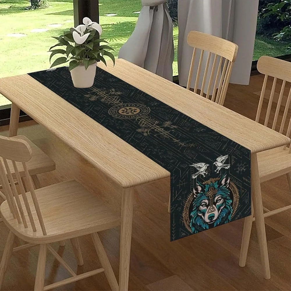 Norse Viking Raven Linen Table Runner Decor 9