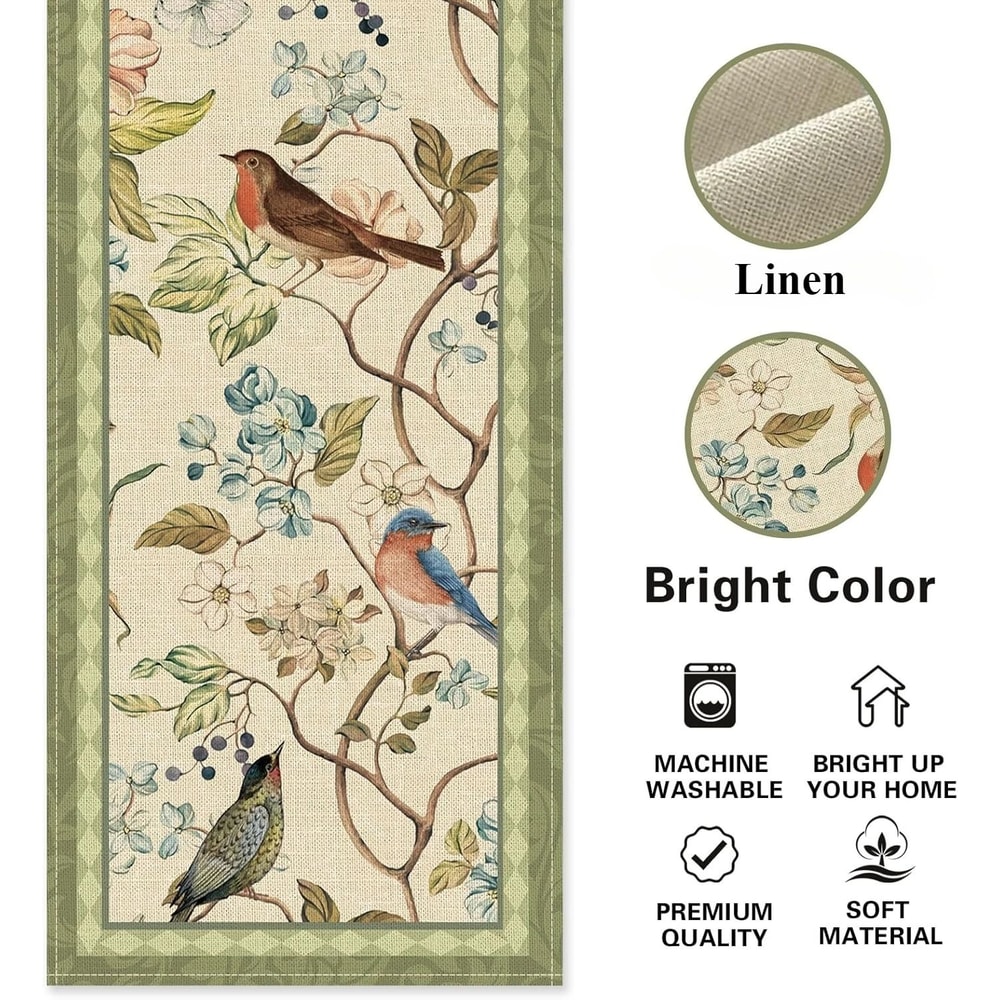 Vintage Floral Birds Linen Table Runner 5