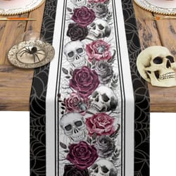 halloween skull crow linen table runner