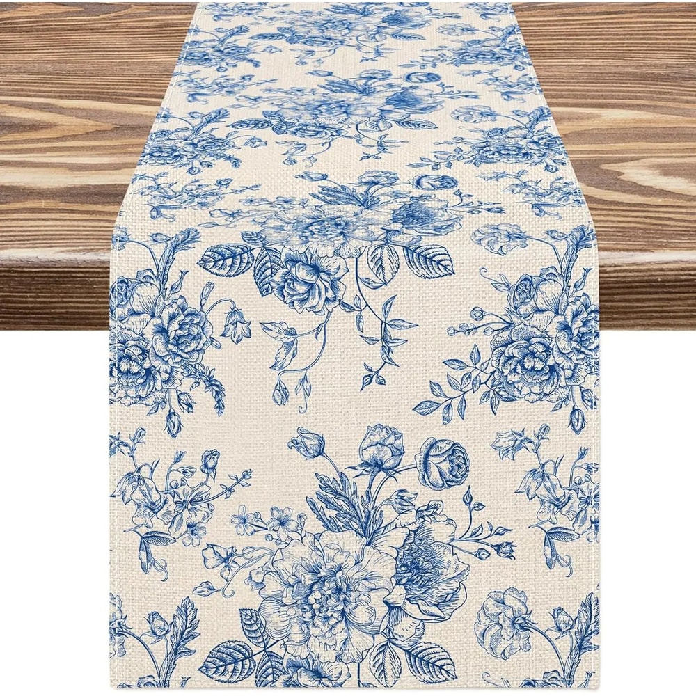 Chinoiserie Blue Floral Linen Table Runner 0