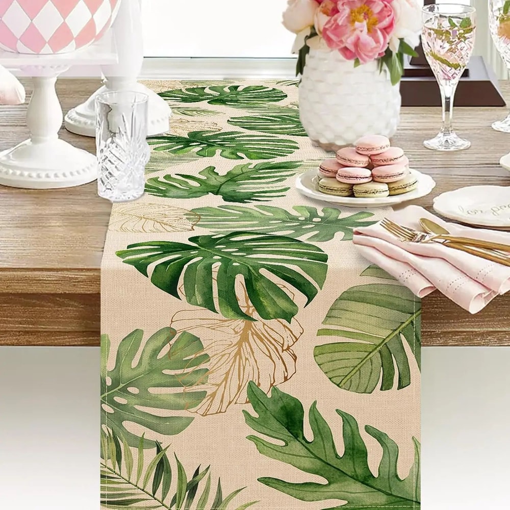 Tropical Palm Leaves Linen Table Runner 3