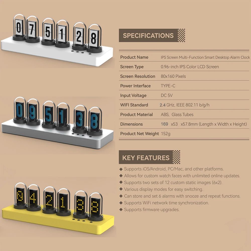 RGB Nixie Tube Style WiFi Alarm Clock With IPS Display 5