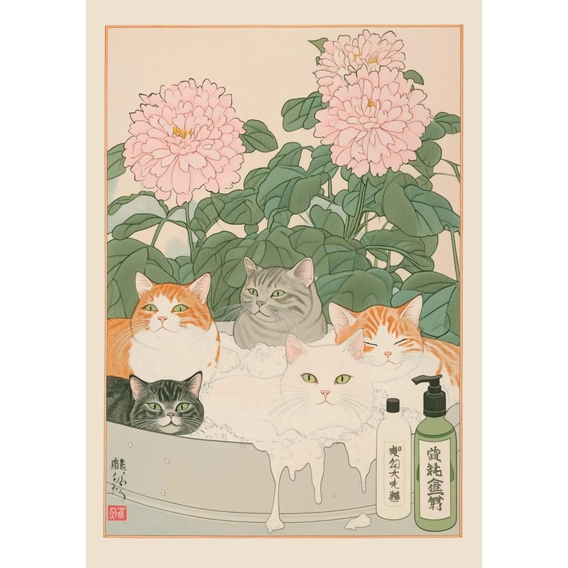 Japanese Cat Bathtub Canvas Wall Art Poster 13