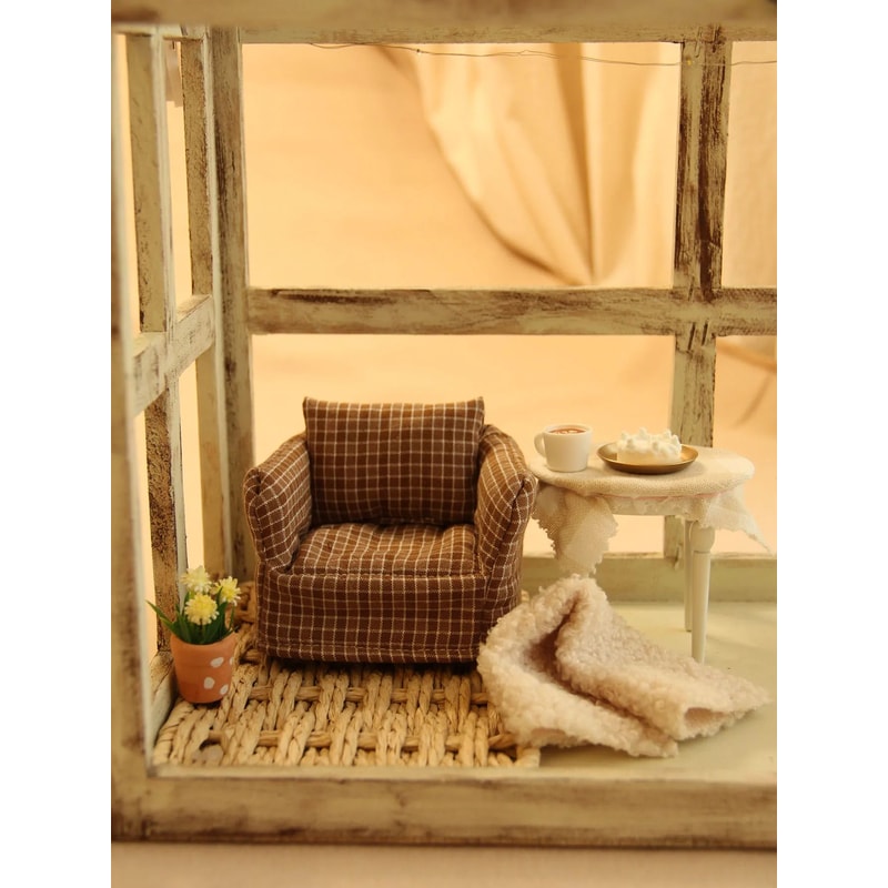 Mini Plaid Wooden Sofa For Dollhouse Decor 10