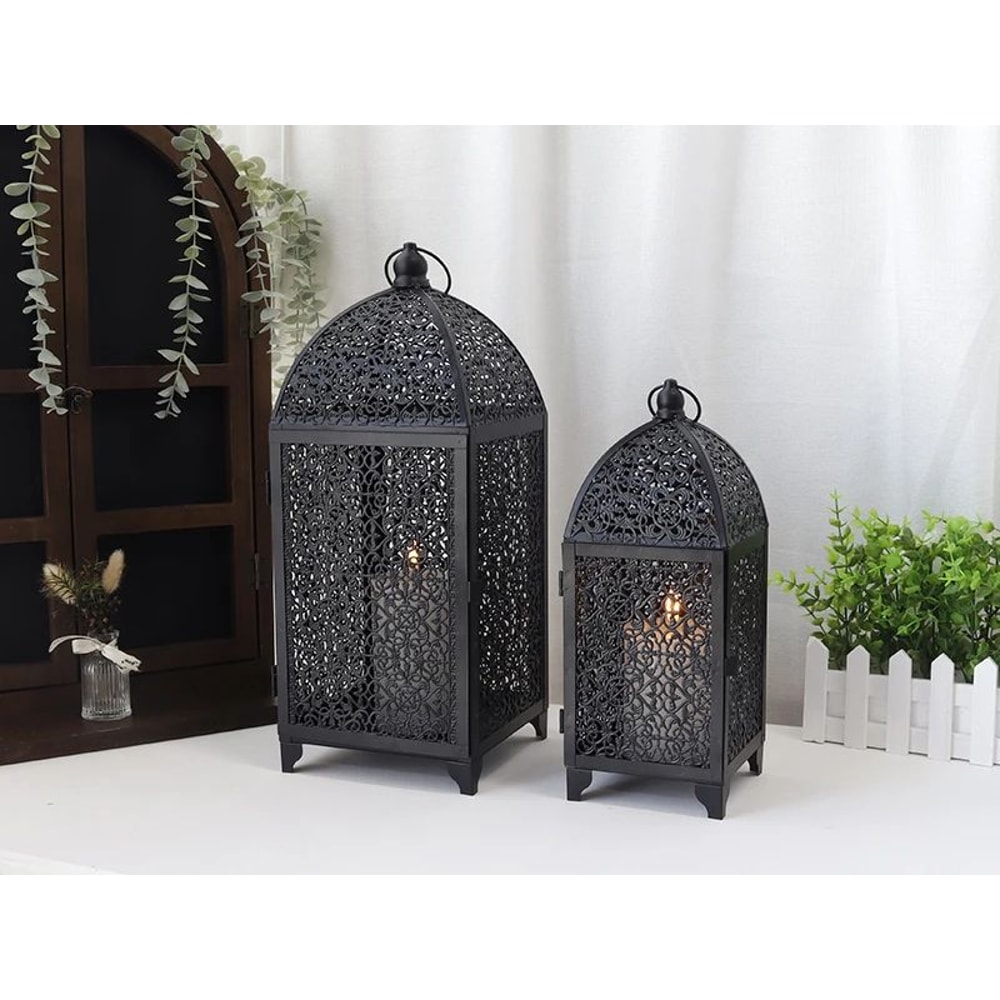 Black Metal Hanging Candle Lantern Set 6
