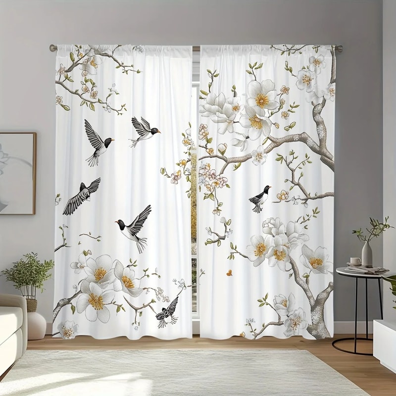 Floral Bird Print Polyester Curtain Set 0