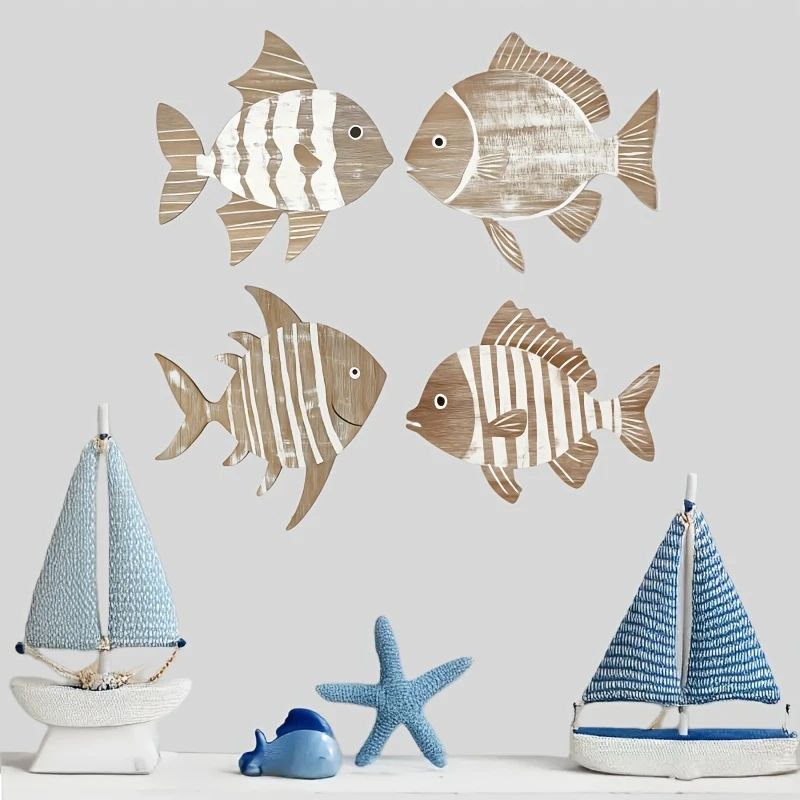 Colorful Tropical Fish Wooden Wall Art Nautical Decor Set 6