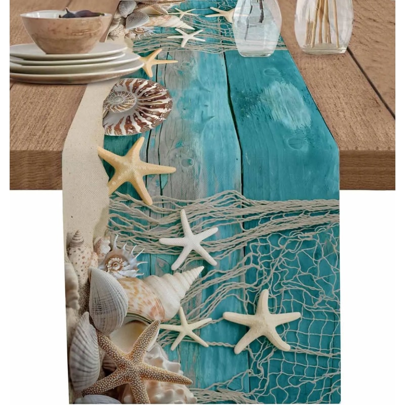 Beach Starfish Shell Linen Table Runner Ocean Style Decor 0