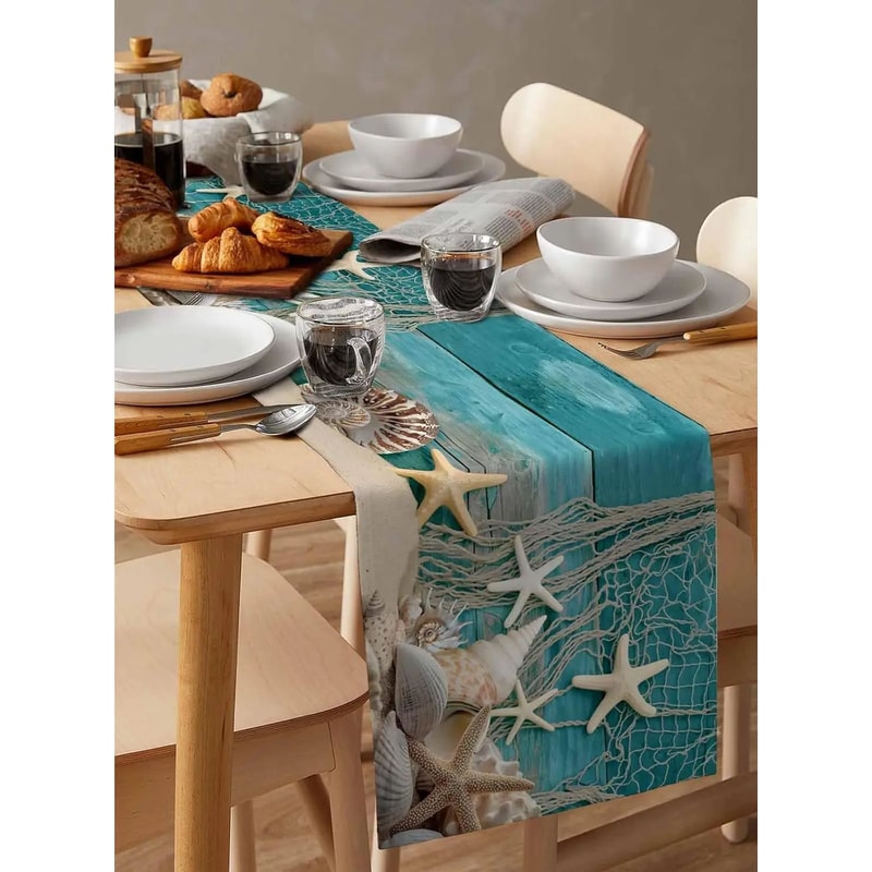 Beach Starfish Shell Linen Table Runner Ocean Style Decor 4