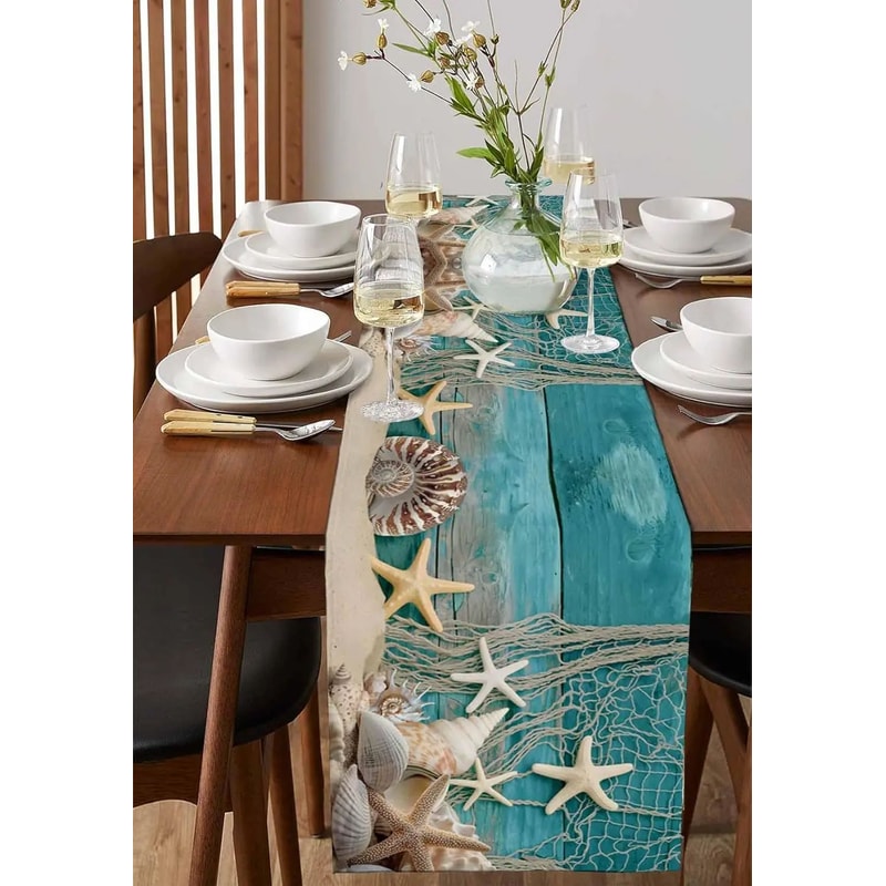 Beach Starfish Shell Linen Table Runner Ocean Style Decor 7