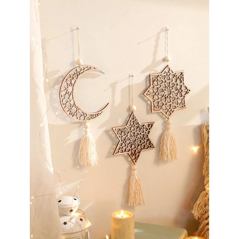 Wooden Ramadan Moon Hanging Ornament Eid Mubarak Decor 1