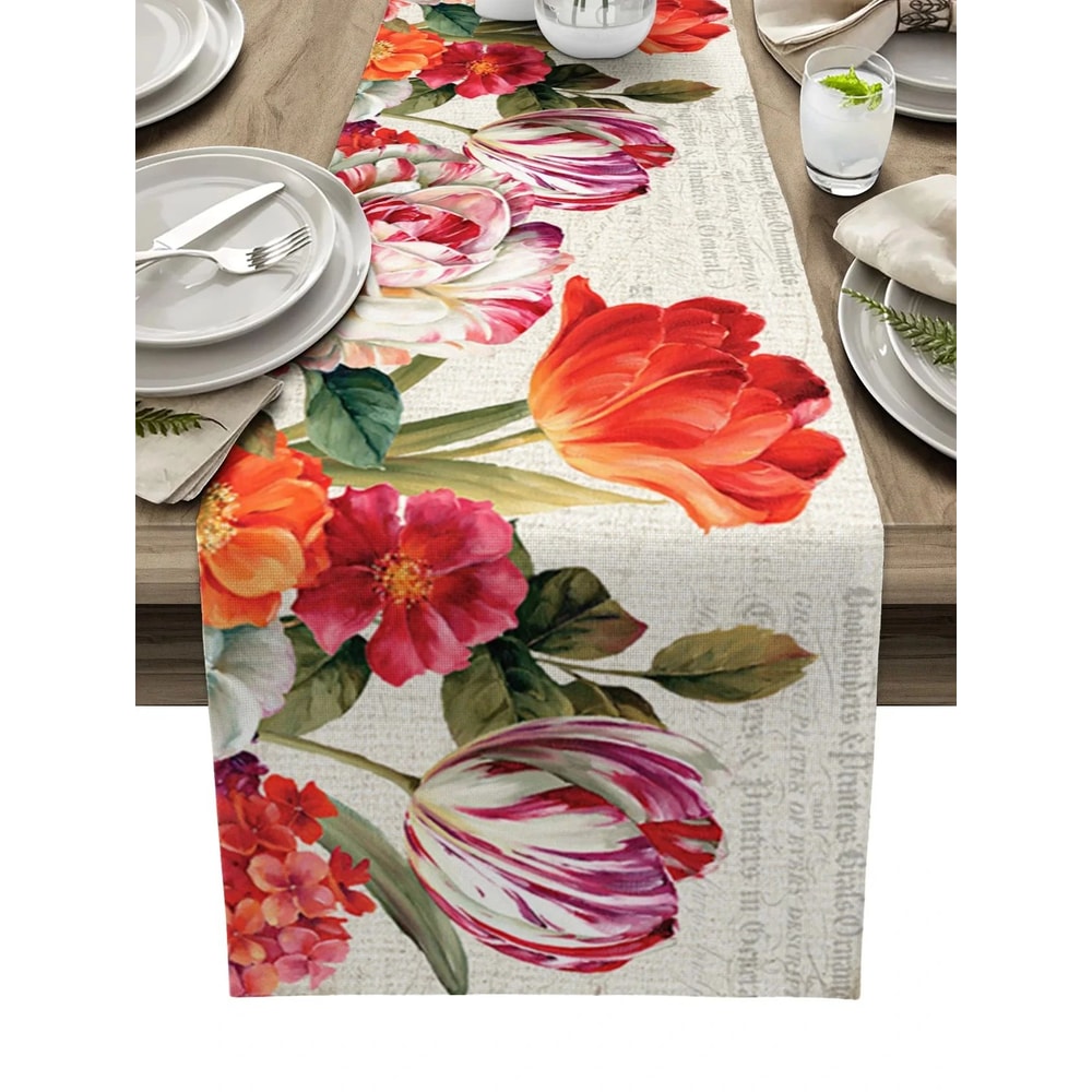 Vintage Tulip Floral Linen Table Runner Farmhouse Decor 5