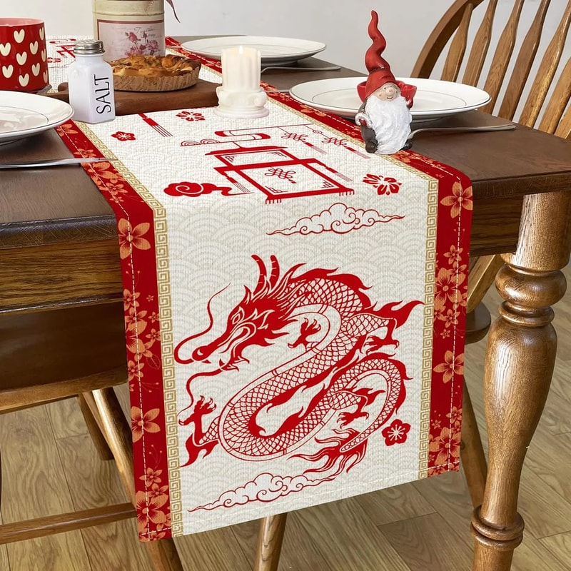 Chinese New Year Dragon Linen Table Runner Festive Decor 2