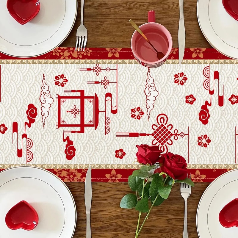 Chinese New Year Dragon Linen Table Runner Festive Decor 4