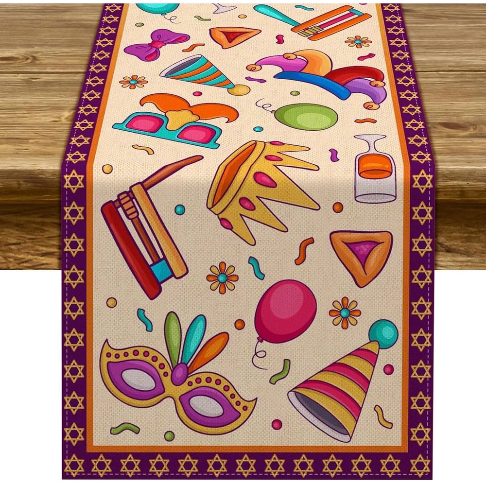 Happy Purim Linen Table Runner Carnival Party Decor 0