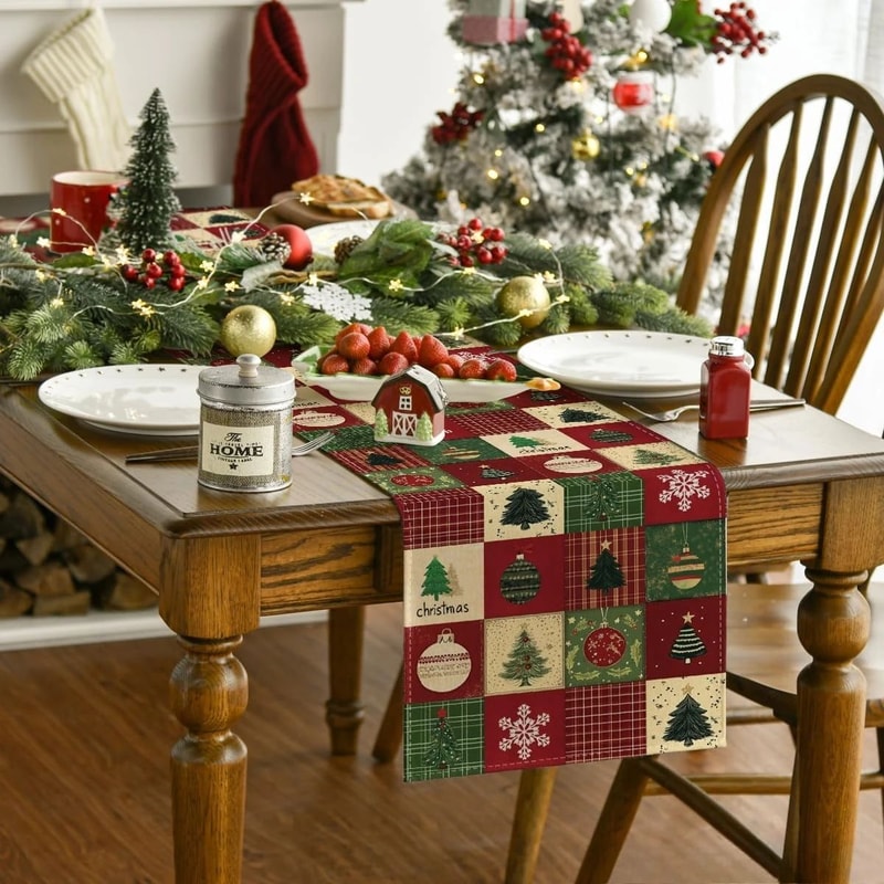 Christmas Plaid Snowflake Table Runner Decor 3