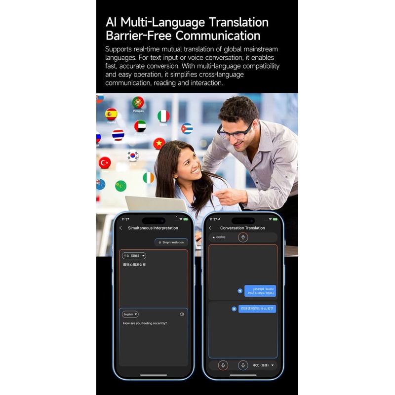 Smart AI Translation Glasses 4K Camera Bluetooth Voice Assistant 5