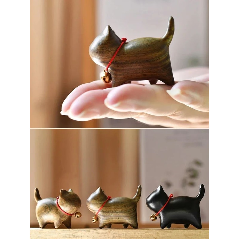Hand Carved Wooden Cat Figurine Small Natural Wood Decor 6