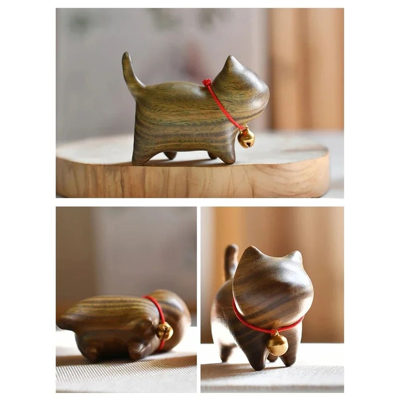 Hand Carved Wooden Cat Figurine Small Natural Wood Decor 7