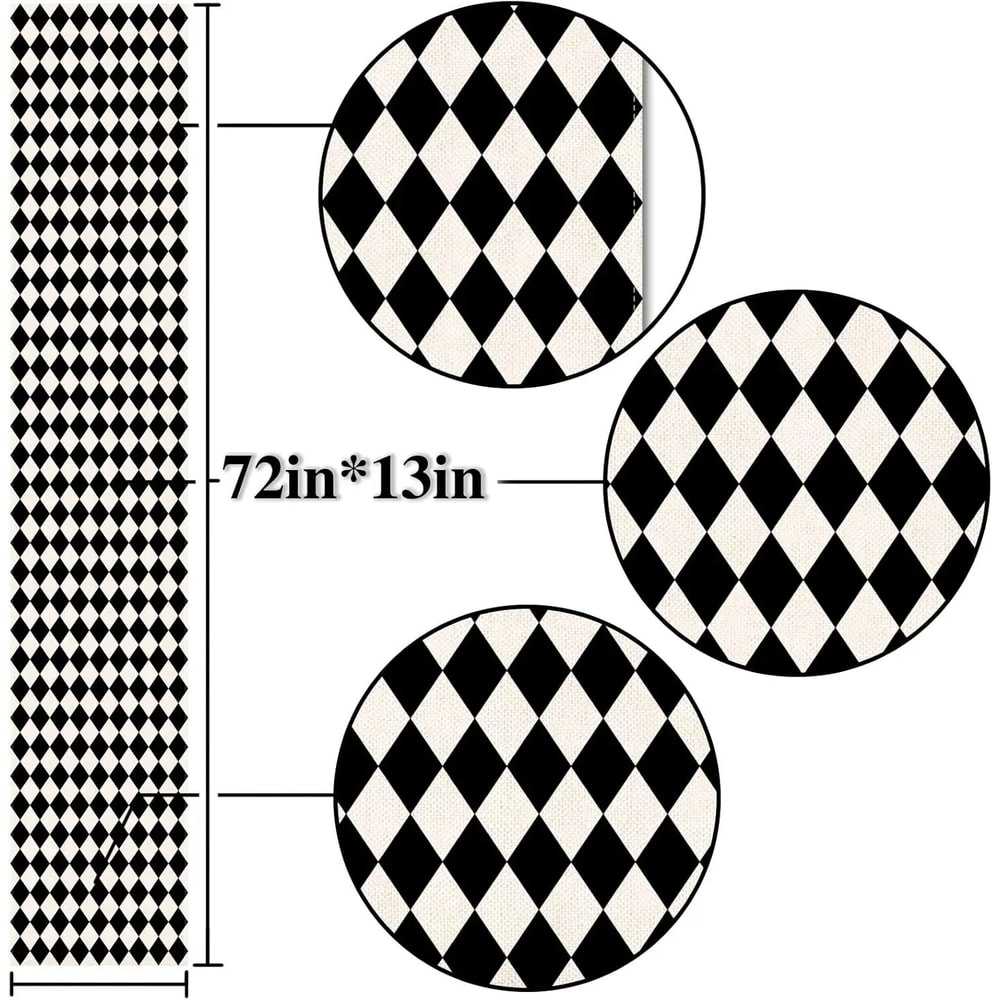 Black White Diamond Lattice Linen Table Runner 4