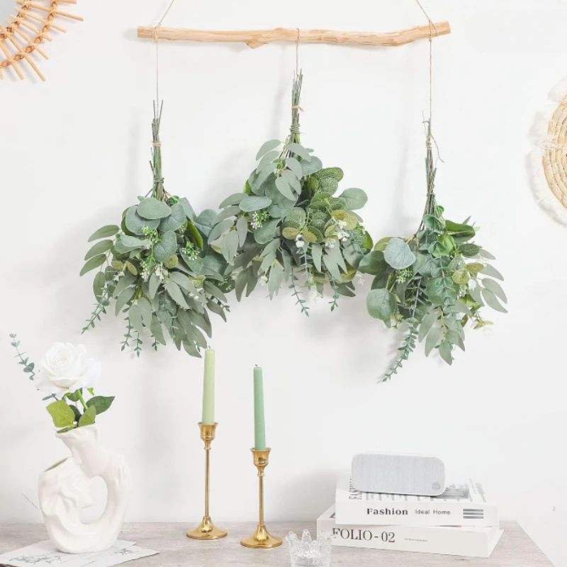 Artificial Eucalyptus Leaf Stems Green Decor Set 4