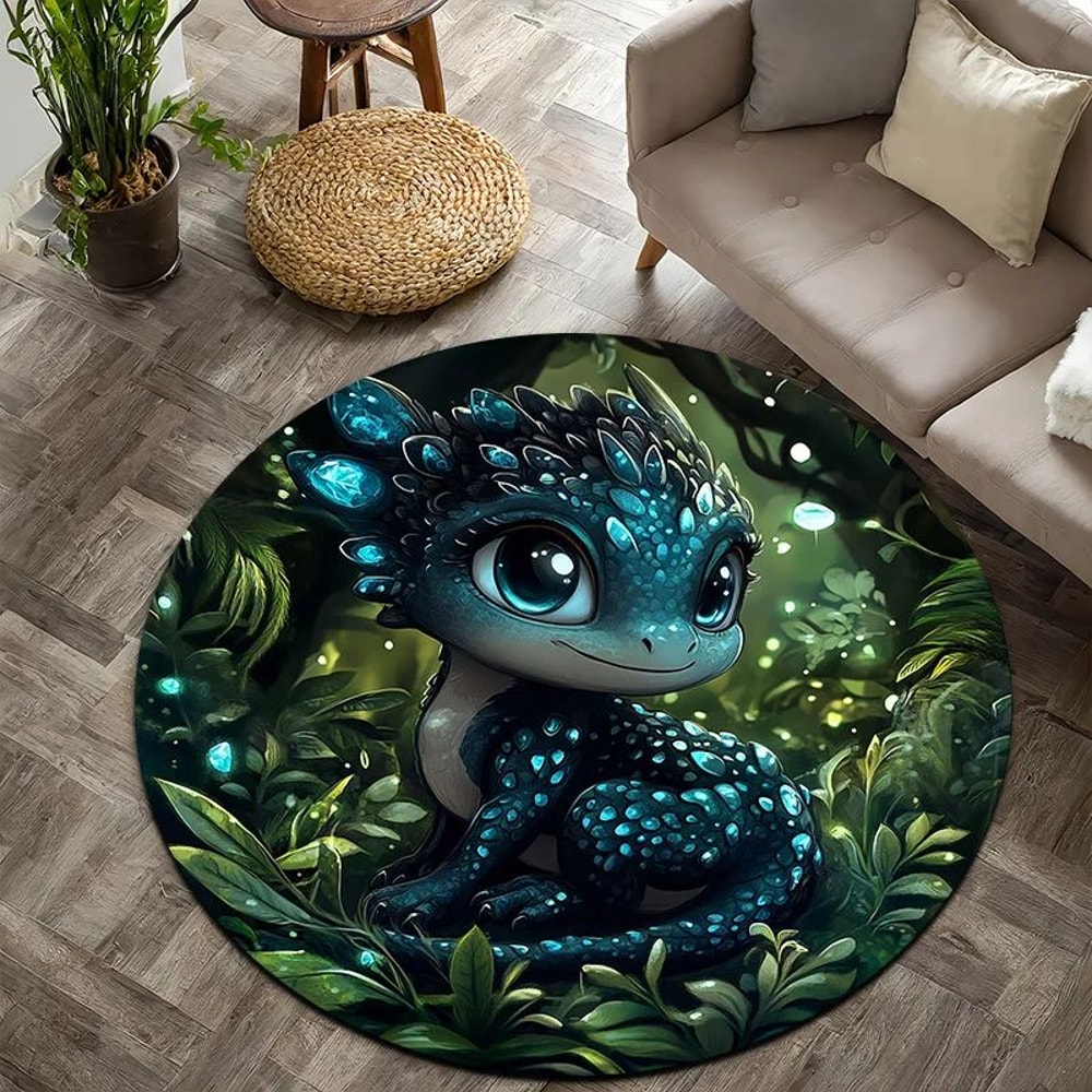 Cartoon Jungle Dragon Round Flannel Floor Mat Rug 0
