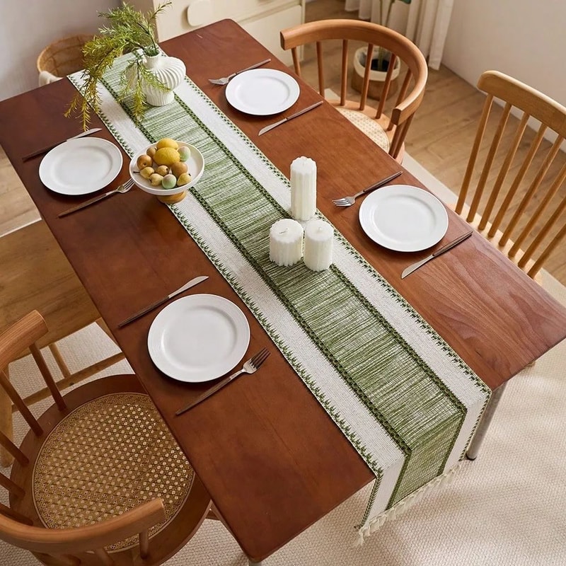 Nordic Boho Green Striped Table Runner 10