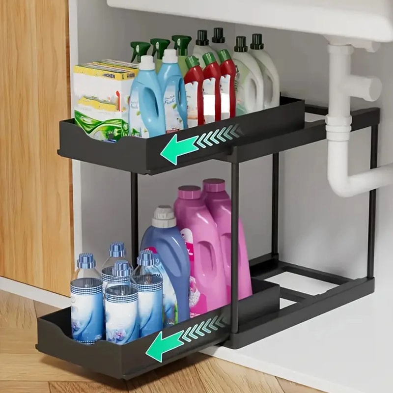 Double Layer Pull Out Under Sink Storage Rack With Hooks 7