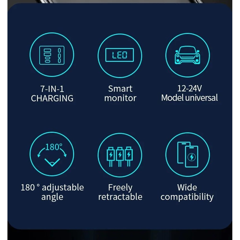 7 In 1 Retractable Car Charger 120W Fast Charging 9