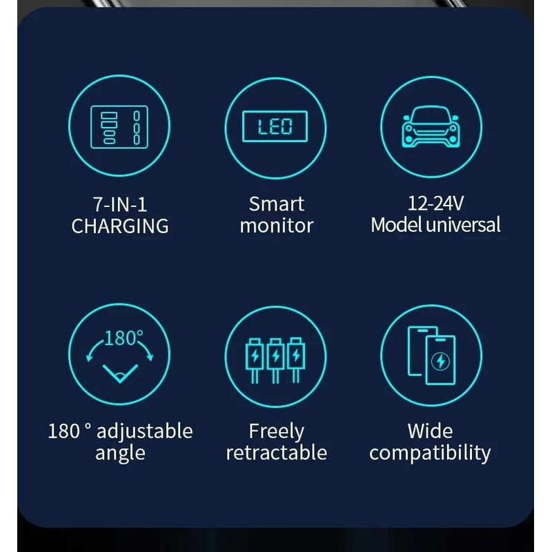 7 In 1 Retractable Car Charger 120W Fast Charging 9