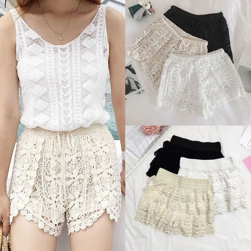 Boho Crochet High Waist Lace Up Shorts 0